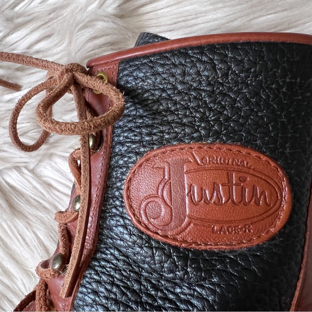 90s JUSTIN Vintage Kiltie Navy & Brown Leather Roper Cowboy Boots 7.5 Prairie - Picture 10 of 14